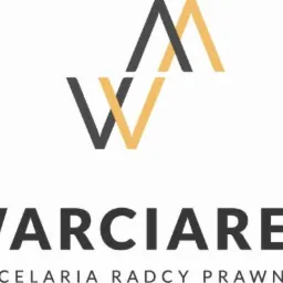 Logo Kancelarii Radcy Prawnego Warciarek z abstrakcyjnym symbolem dwóch liter W w kolorze szarym i złotym, umieszczonym nad nazwą firmy.