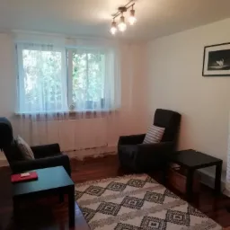 Pokój z dwoma fotelami, stolikami, dywanem w geometryczne wzory i lampą sufitową, prawdopodobnie gabinet.