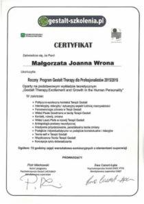 Skan certyfikatu ukończenia rocznego programu Gestalt Therapy przez Małgorzatę Joannę Wronę, wydany przez gestalt-szkolenia.pl.