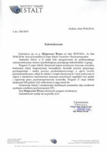 Skan dokumentu - zaświadczenie Instytutu Terapii Gestalt o ukończeniu II etapu szkoły Terapii i Psychoterapii przez Małgorzatę Wisznę, z datą wystawienia Kraków, dnia 29.06.2016.