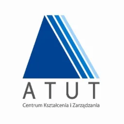 Logo firmy ATUT Centrum Kształcenia i Zarządzania, z niebieskim trójkątnym symbolem i napisem ATUT poniżej.