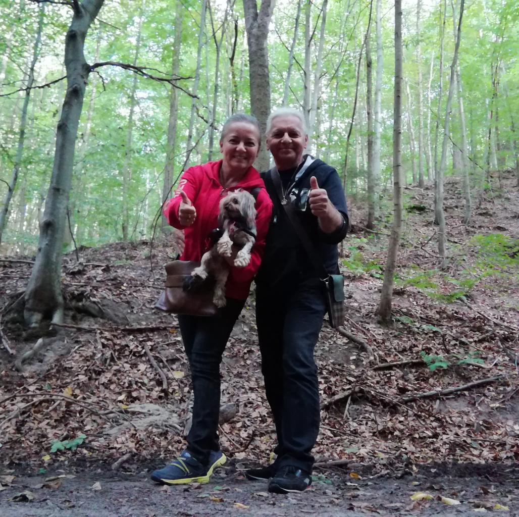 Para osób w lesie, kobieta trzyma małego psa w torbie, oboje pokazują kciuki w górę, jesienna sceneria.