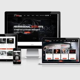 Responsywna strona internetowa firmy Retrofits wyświetlana na monitorze, laptopie, tablecie i smartfonie, prezentująca portfolio i usługi z zakresu elektroniki samochodowej.