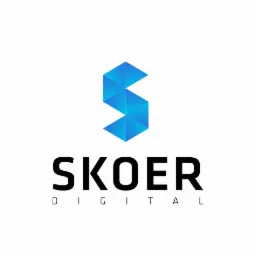 Logo firmy SKOER Digital z abstrakcyjnym, niebieskim symbolem w kształcie litery S złożonym z trójkątów.