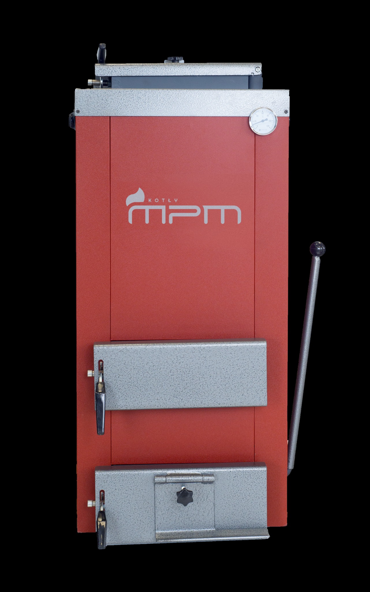 Nowy, czerwony kocioł centralnego ogrzewania z szarymi elementami i manometrem, na czarnym tle.