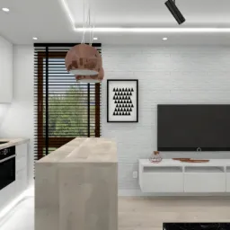 Wizualizacja nowoczesnego salonu z aneksem kuchennym, białe szafki kuchenne z czarnym marmurowym backsplash, drewniany blat, wyspa kuchenna, miedziane lampy wiszące, ściana z białej cegły, czarny...