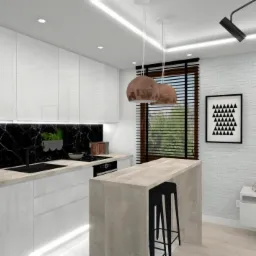 Nowoczesna kuchnia z białymi lakierowanymi szafkami, czarnym blatem z marmurowym wzorem, miedzianymi lampami wiszącymi i wysokim stołkiem barowym przy wyspie.