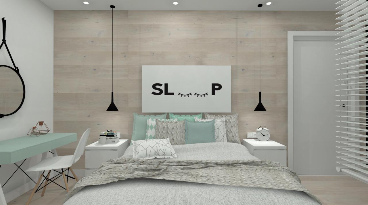 Nowoczesna sypialnia w jasnych barwach z drewnianą ścianą, minimalistycznym biurkiem z miętowym blatem, łóżkiem z dekoracyjnymi poduszkami i plakatem 'SLEEP' nad wezgłowiem.