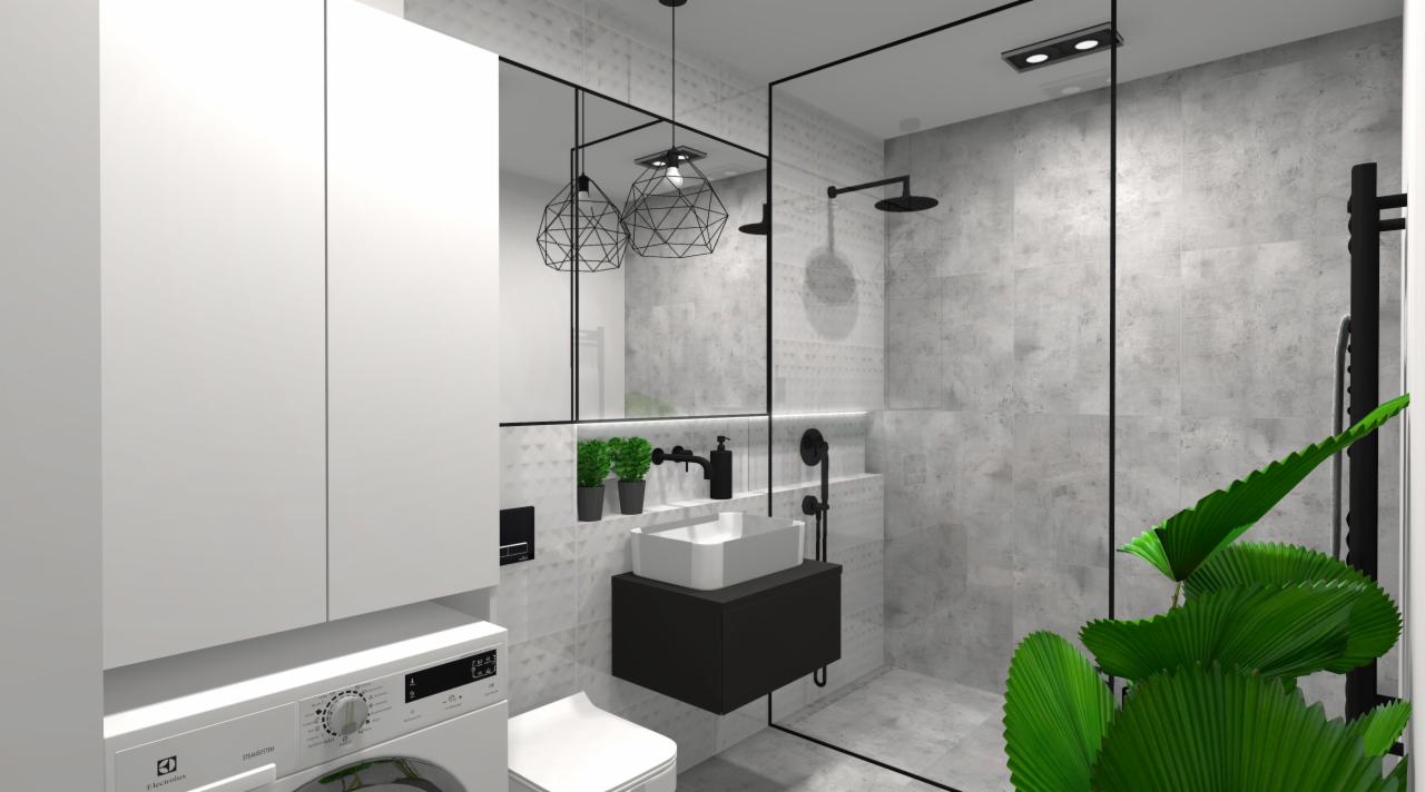 Nowoczesna łazienka z kabiną prysznicową typu walk-in, umywalką nablatową na czarnej szafce i geometrycznymi lampami wiszącymi, z pralką i rośliną doniczkową.
