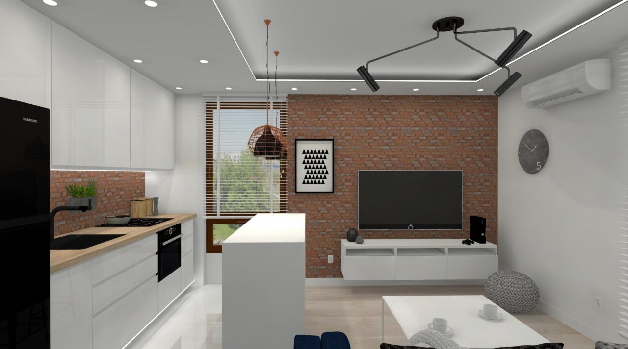 Wnętrze mieszkania z ceglaną ścianą, białymi meblami kuchennymi i wyspą, nowoczesnym oświetleniem sufitowym, telewizorem i dekoracjami.