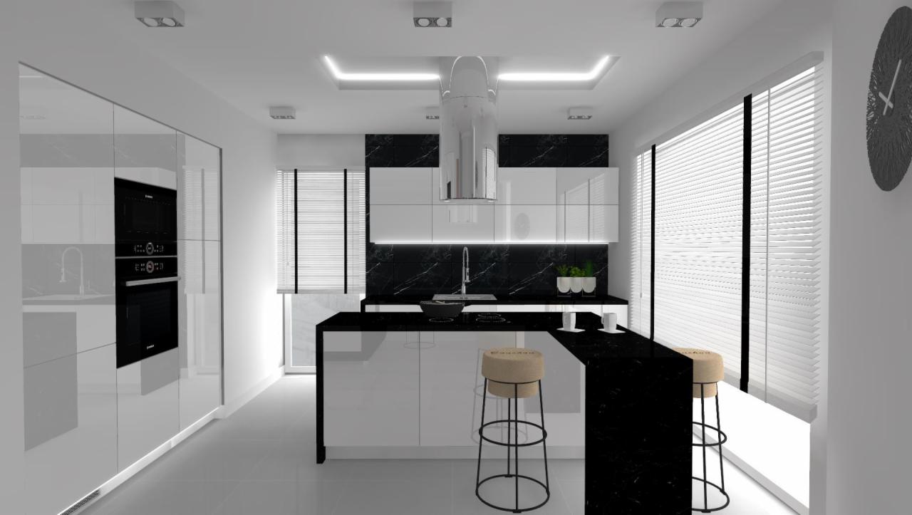 Wizualizacja nowoczesnej kuchni w bieli i czerni z wyspą, oświetleniem LED podszafkowym i marmurowym backsplash'em, uzupełniona o minimalistyczne krzesła barowe i zegar na ścianie.