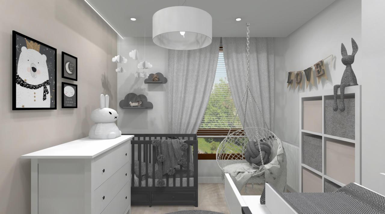 Pokój dziecięcy w odcieniach szarości i bieli z łóżeczkiem, wiszącym fotelem, komodą z dekoracyjnym królikiem, półkami w kształcie chmur i obrazkami ze zwierzętami.