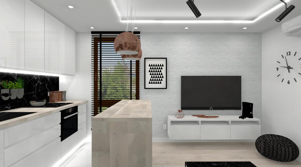 Wizualizacja nowoczesnego salonu z aneksem kuchennym, białe szafki kuchenne z czarnym marmurowym backsplash, drewniany blat, wyspa kuchenna, miedziane lampy wiszące, ściana z białej cegły, czarny...