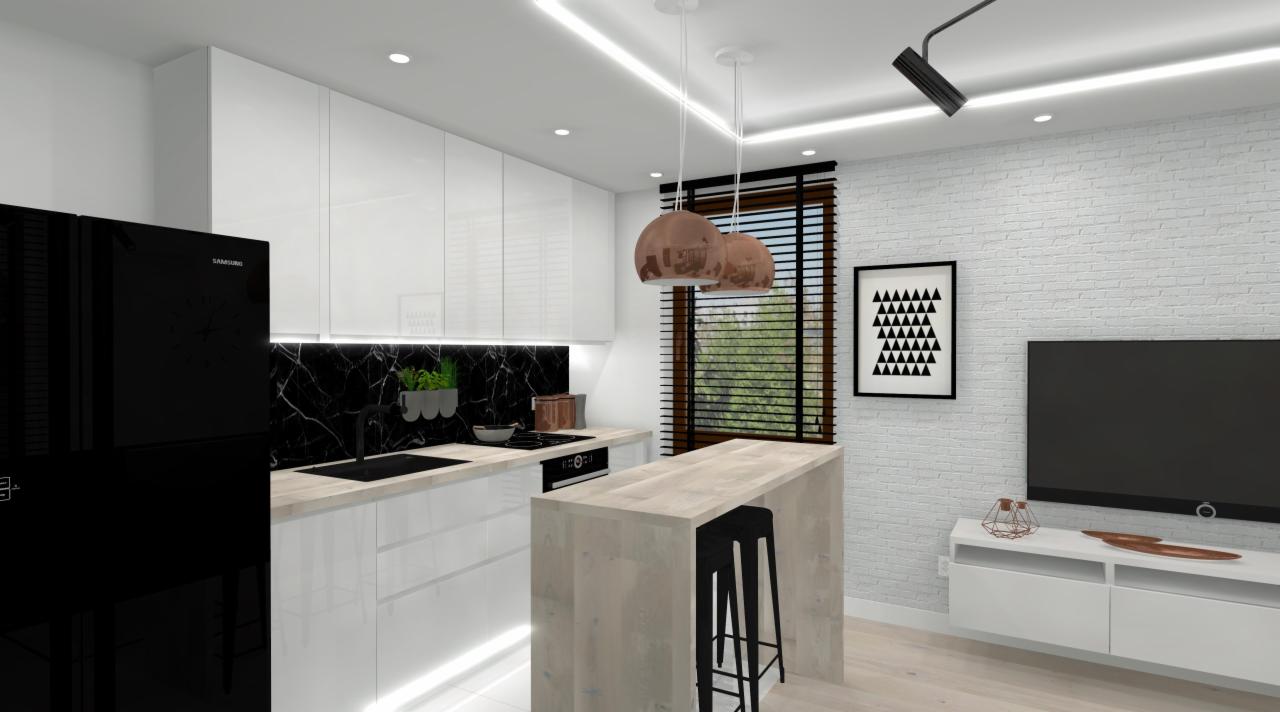 Nowoczesna kuchnia z białymi lakierowanymi szafkami, czarnym blatem z marmurowym wzorem, miedzianymi lampami wiszącymi i wysokim stołkiem barowym przy wyspie.