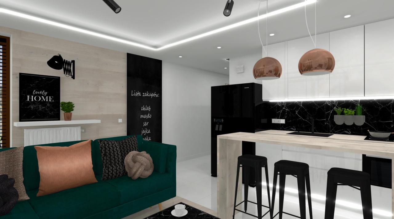 Wizualizacja wnętrza mieszkania z zieloną sofą, czarną tablicą z listą zakupów, białymi szafkami kuchennymi z marmurowym blatem i miedzianymi lampami wiszącymi.