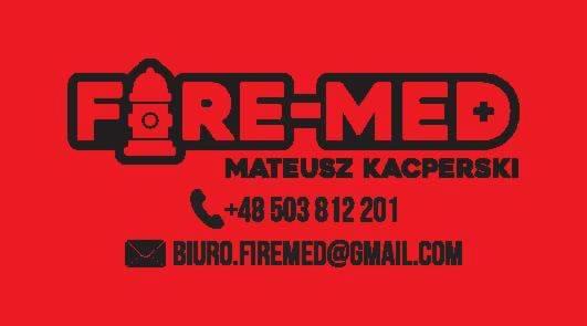 Logo firmy 'FIRE-MED' na czerwonym tle, z elementami graficznymi hydrantu, numerem telefonu i adresem e-mail.