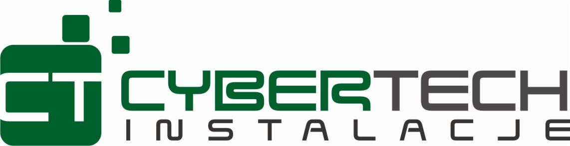 Logo firmy Cybertech Instalacje z zielonym symbolem graficznym po lewej stronie i napisem w kolorach zielonym i szarym na białym tle.