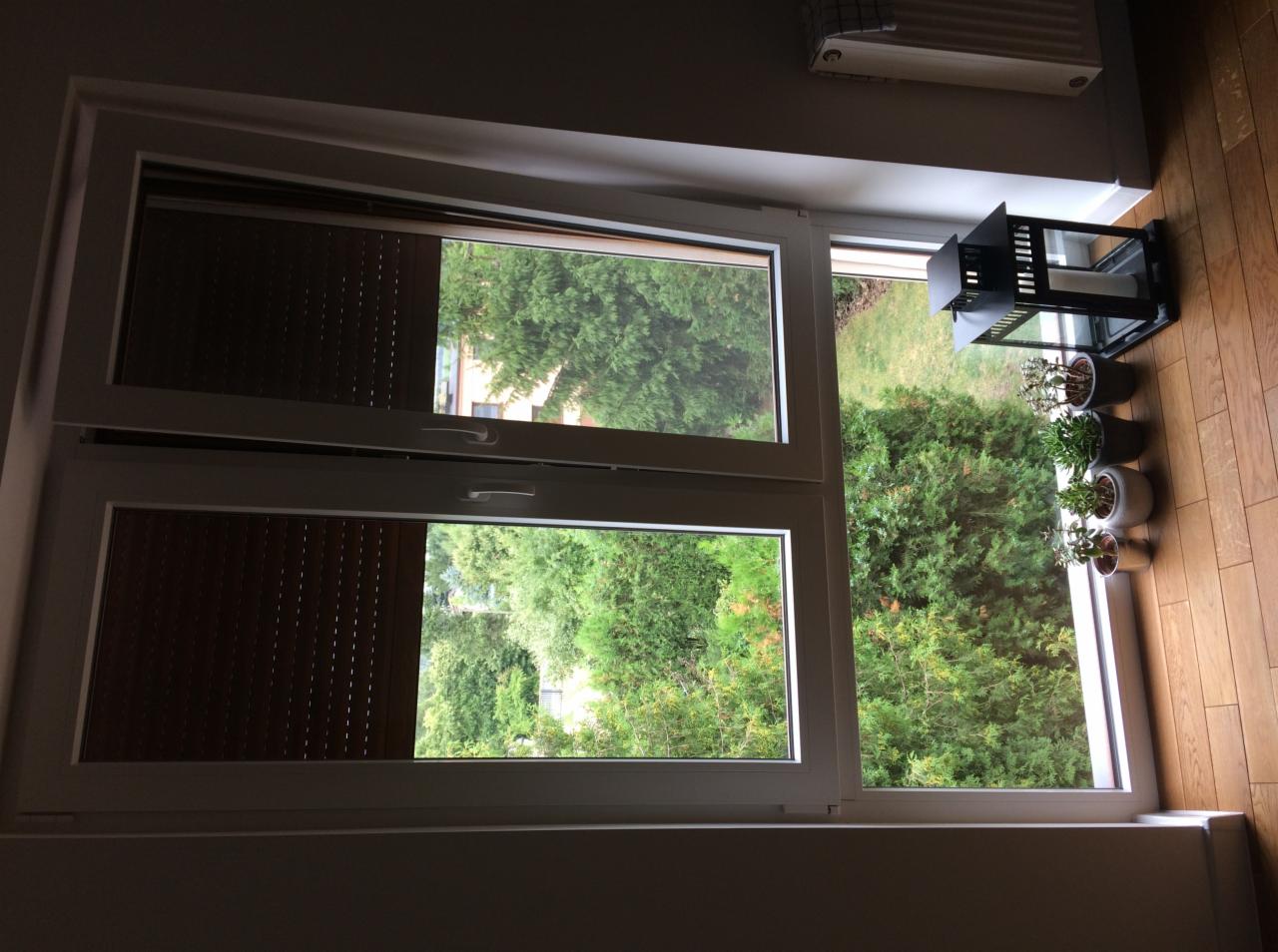 Uchylone okno z białymi ramami i częściowo zasłoniętymi żaluzjami wewnętrznymi, widok na zieleń ogrodu w Poznaniu, obok okna dekoracyjna latarenka i doniczki z roślinami.