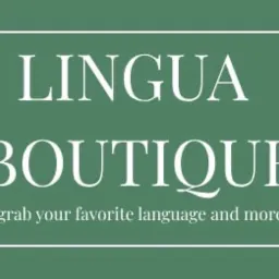 Logo firmy Lingua Boutique w kolorze białym na zielonym tle, z hasłem 'grab your favorite language and more' pod nazwą.