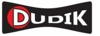 Logo firmy Dudik: biały napis Dudik na czarnym tle w kształcie kokardki, z czerwonym okręgiem wokół litery D.