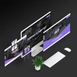 Wizualizacja responsywnego projektu sklepu internetowego 'House of Pump' na różnych urządzeniach, ukazująca stronę główną i podstrony, z minimalistycznym designem, białym biurkiem, klawiaturą...