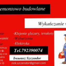 Ogłoszenie usług remontowo-budowlanych z ofertą wykończenia wnętrz, obejmującą tynkowanie, szpachlowanie, malowanie, klejenie glazury i terakoty, wyburzenia oraz elektrykę, z numerem telefonu...