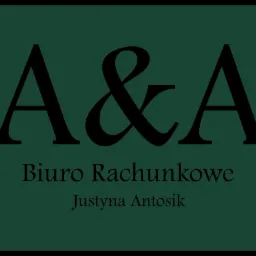 Logo biura rachunkowego A&A Justyna Antosik na ciemnozielonym tle.