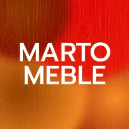 Logo firmy Marto Meble z Darłowa na tle imitującym drewno z gradientem kolorów od pomarańczowego do czerwonego.