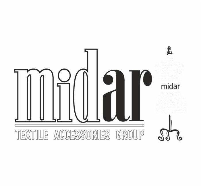 Logo firmy Midar Textile Accessories Group z stylizowanym napisem i elementami graficznymi przypominającymi akcesoria krawieckie.