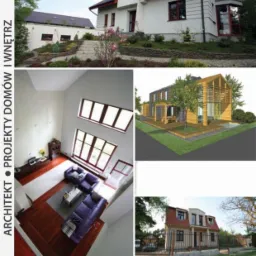 Kompilacja zdjęć: Elewacja domu z ogrodem, wizualizacja 3D domu z elementami drewna, wnętrze salonu z wysokim sufitem i fioletowymi sofami, oraz widok domu za ogrodzeniem z metalowymi przęsłami.