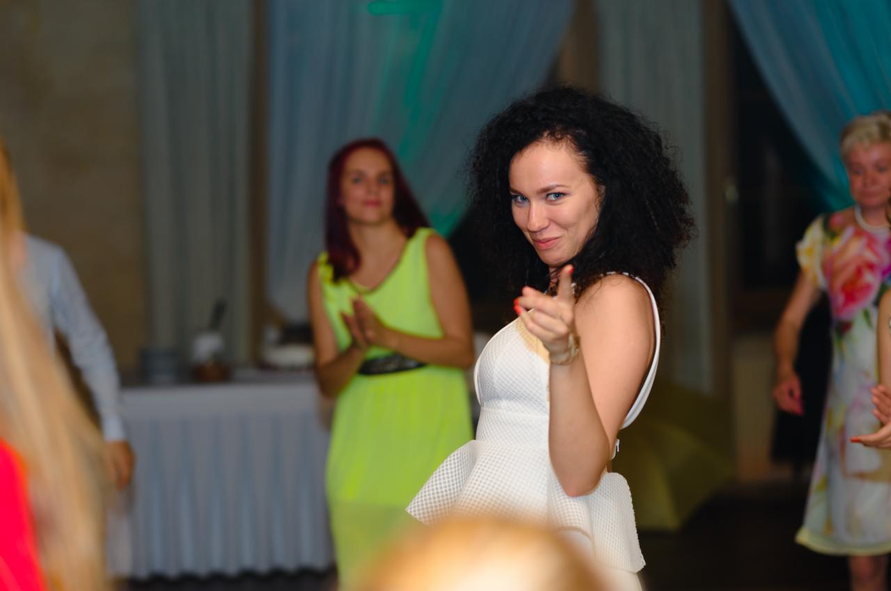 Uśmiechnięta kobieta w białej sukience z falbanami, wskazująca palcem w kierunku kamery, na tle sali bankietowej z innymi gośćmi.