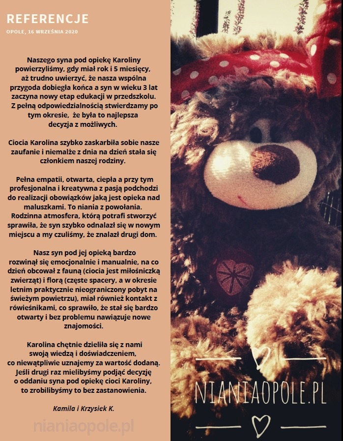 Skan referencji dla opiekunki dziecięcej, z tekstem polecającym i pluszowym misiem z czerwoną chustą w tle, podkreślającym ciepłą i rodzinną atmosferę opieki.