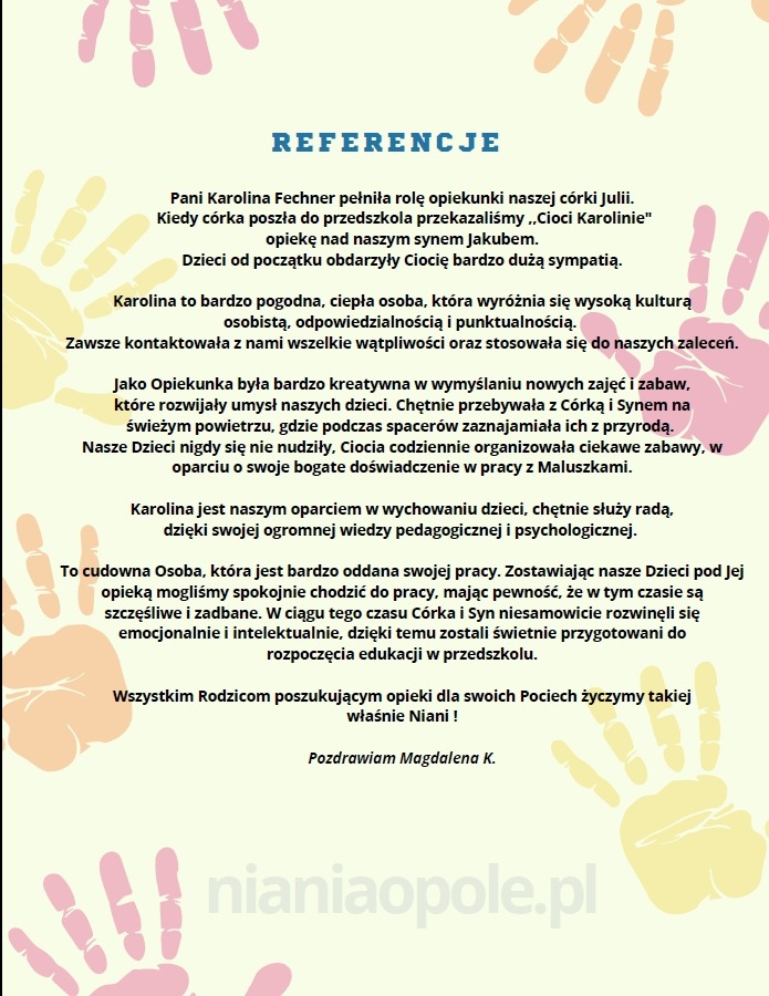 Skan referencji dla niani z Opola, z tekstem pochwalnym od zadowolonej matki, ozdobiony grafiką dłoni w pastelowych kolorach.