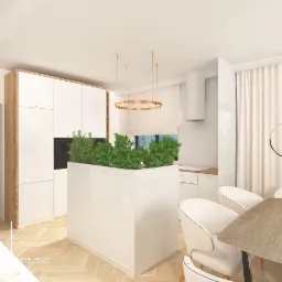 Wizualizacja nowoczesnej kuchni z wyspą, na której rosną zioła, białe szafki z drewnianymi akcentami i okrągłe złote lampy wiszące.