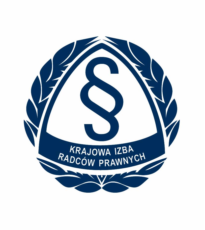 Niebieskie logo Krajowej Izby Radców Prawnych z symbolem paragrafu w wieńcu laurowym.