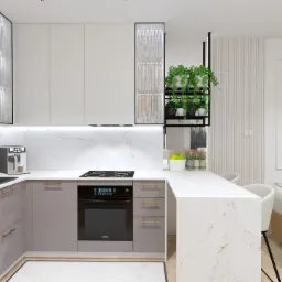 Nowoczesna kuchnia w odcieniach szarości i bieli z marmurowym blatem, złotymi akcentami i wiszącymi roślinami, widok na salon z sofą.