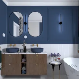 Wizualizacja łazienki w odcieniach granatu i bieli, z dwiema umywalkami w kształcie misy, drewnianą szafką z otwartymi półkami, owalnymi lustrami podświetlanymi pionowymi lampami, oraz wolnostojącą...
