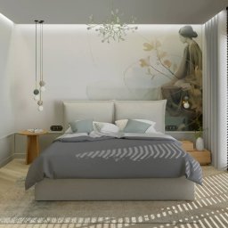Kanz design interior - Jasna sypialnia z łóżkiem, drewnianymi żaluzjami, artystyczną tapetą i półkami w kształcie niszy.