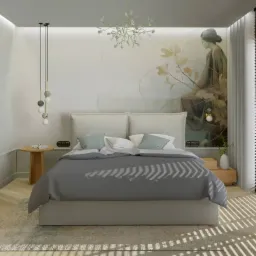 Jasna sypialnia z łóżkiem, drewnianymi żaluzjami, artystyczną tapetą i półkami w kształcie niszy.