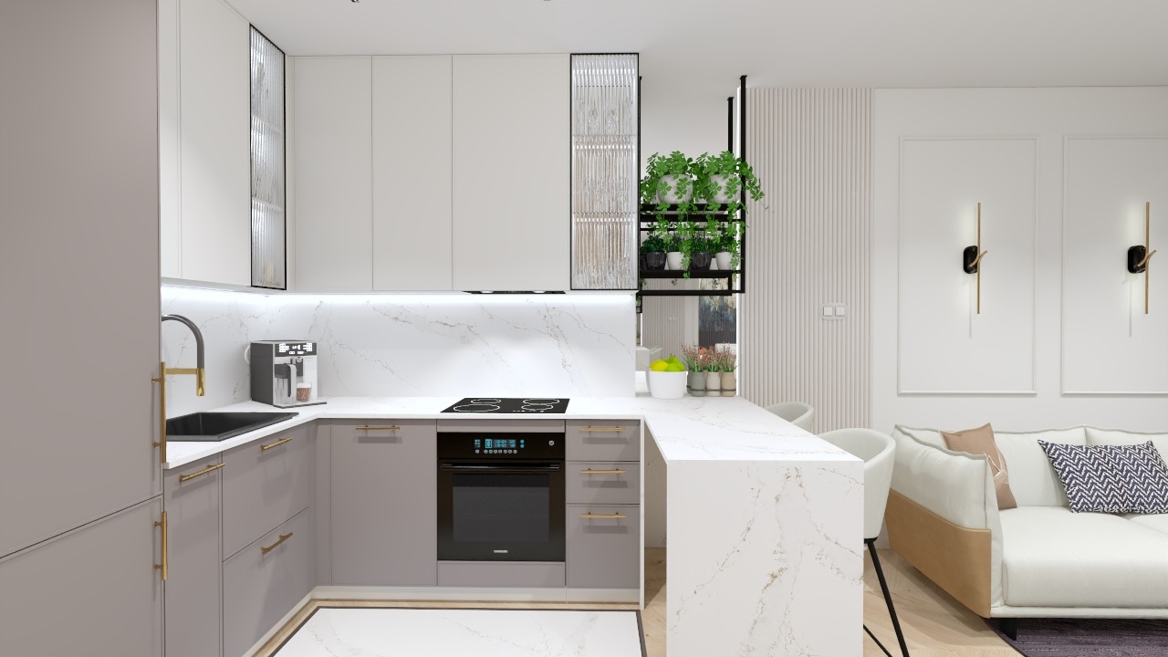 Nowoczesna kuchnia w odcieniach szarości i bieli z marmurowym blatem, złotymi akcentami i wiszącymi roślinami, widok na salon z sofą.