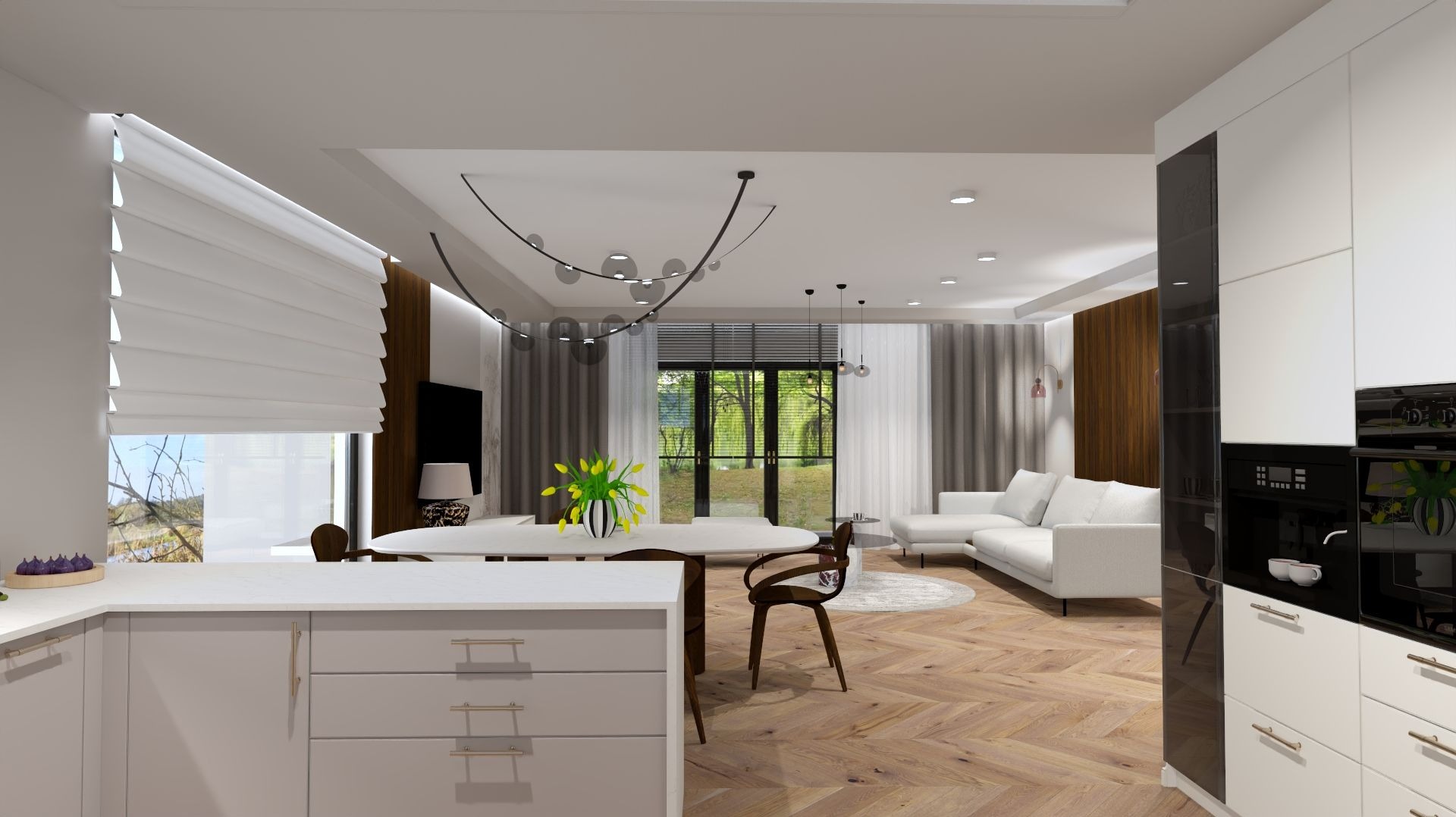 Wizualizacja przestronnego wnętrza z drewnianą podłogą w jodełkę, białymi roletami rzymskimi na oknie, nowoczesnym oświetleniem sufitowym i minimalistyczną zabudową kuchenną w odcieniach szarości...
