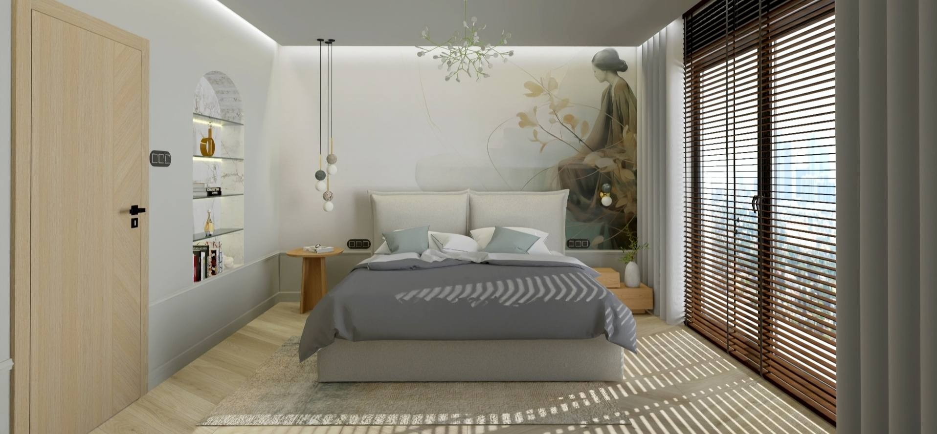 Jasna sypialnia z łóżkiem, drewnianymi żaluzjami, artystyczną tapetą i półkami w kształcie niszy.