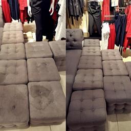 PerfectFloor - Dwa ujęcia tej samej ekspozycji w sklepie odzieżowym, na której widoczne są szare, tapicerowane pufy z guzikami, z widocznymi plamami na niektórych siedziskach, sugerujące potrzebę odświeżenia.