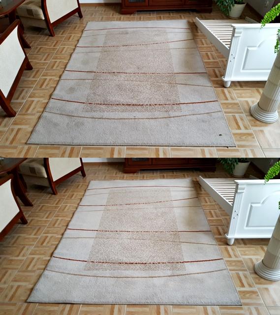 Dywan z geometrycznym wzorem przed i po czyszczeniu, widoczne różnice w odcieniach i usunięte plamy.