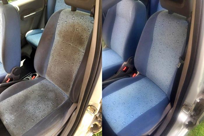 Porównanie: Fotel samochodowy przed (z lewej) i po (z prawej) czyszczeniu, widoczne plamy i różnica w odcieniu materiału.