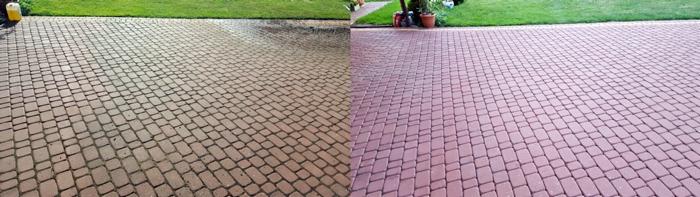 Częściowo wyczyszczona kostka brukowa na podjeździe, widoczna różnica w kolorze i czystości między umytą a nieumytą powierzchnią, trawnik w tle.