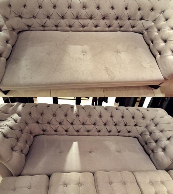 Porównanie stanu sofy Chesterfield przed i po czyszczeniu: widoczne plamy na górnym zdjęciu i czysta powierzchnia na dolnym zdjęciu.
