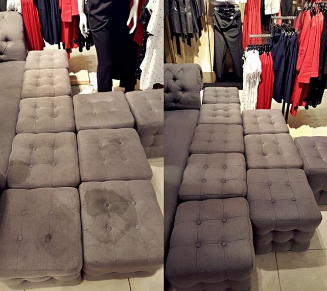 Dwa ujęcia tej samej ekspozycji w sklepie odzieżowym, na której widoczne są szare, tapicerowane pufy z guzikami, z widocznymi plamami na niektórych siedziskach, sugerujące potrzebę odświeżenia.