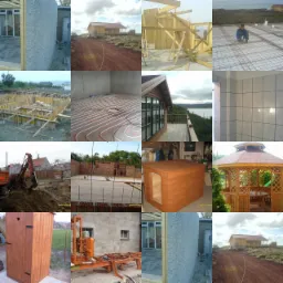 Mozaika zdjęć przedstawiająca różne etapy budowy i wykończenia: fundamenty, instalacje podłogowe, wznoszenie ścian, konstrukcja drewniana, wykończona łazienka, altana ogrodowa, budka drewniana...