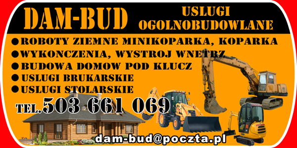 Grafika reklamowa firmy budowlanej DAM-BUD z ofertą usług ogólnobudowlanych, robót ziemnych, wykończeń wnętrz, budowy domów pod klucz, usług brukarskich i stolarskich. Na pomarańczowym tle widoczne...